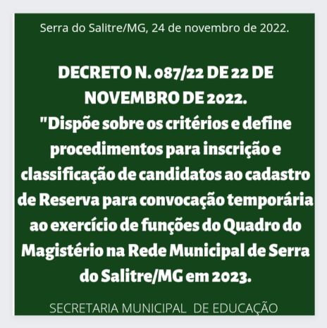 DECRETO 087 - CRITÉRIOS PARA DESIGNAÇÃO - MAGISTÉRIO