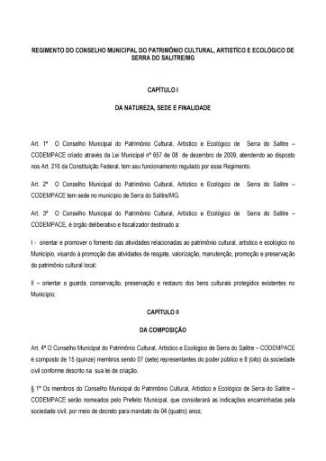 Regimento Interno do Conselho Municipal do Patrimônio Cultural, Artístico e Ecológico de Serra do Salitre-MG
